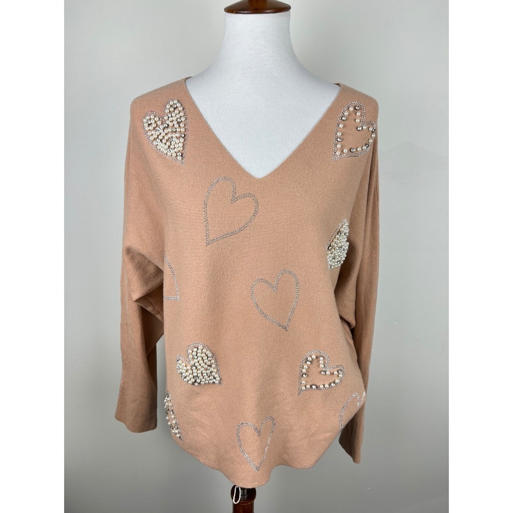 Pearl & Rhinestone Heart Embellished V-Neck Sweater Tan Est. Large
